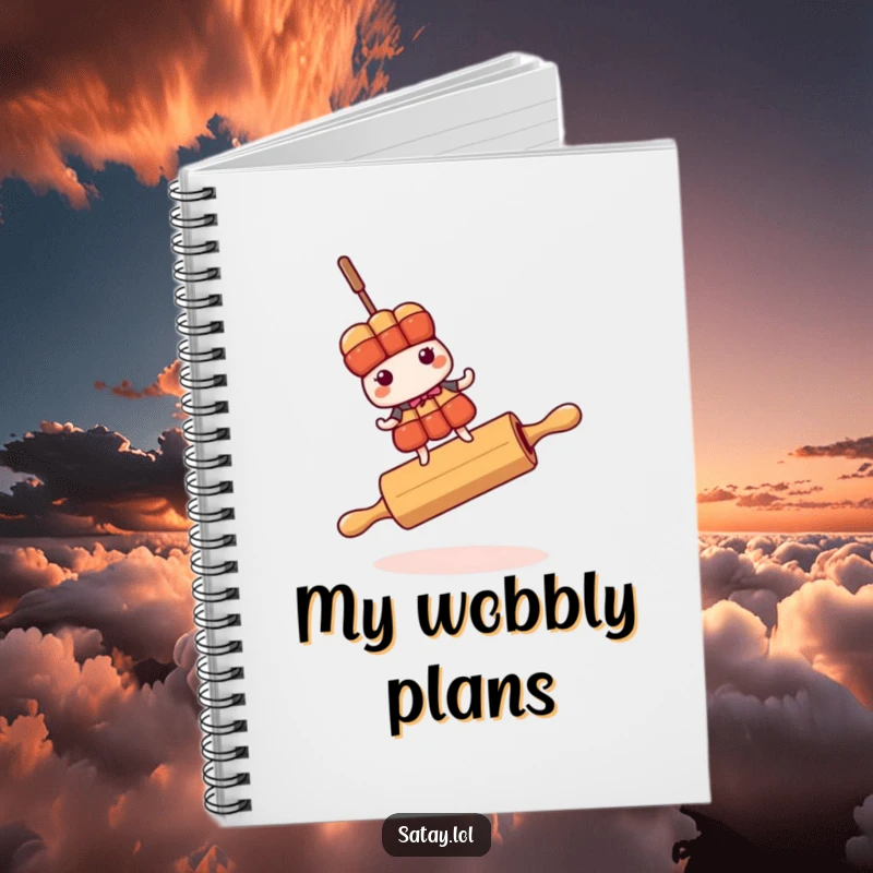 Funny satay skewer character precariously balanced on a rolling pin on the cover of a notebook.