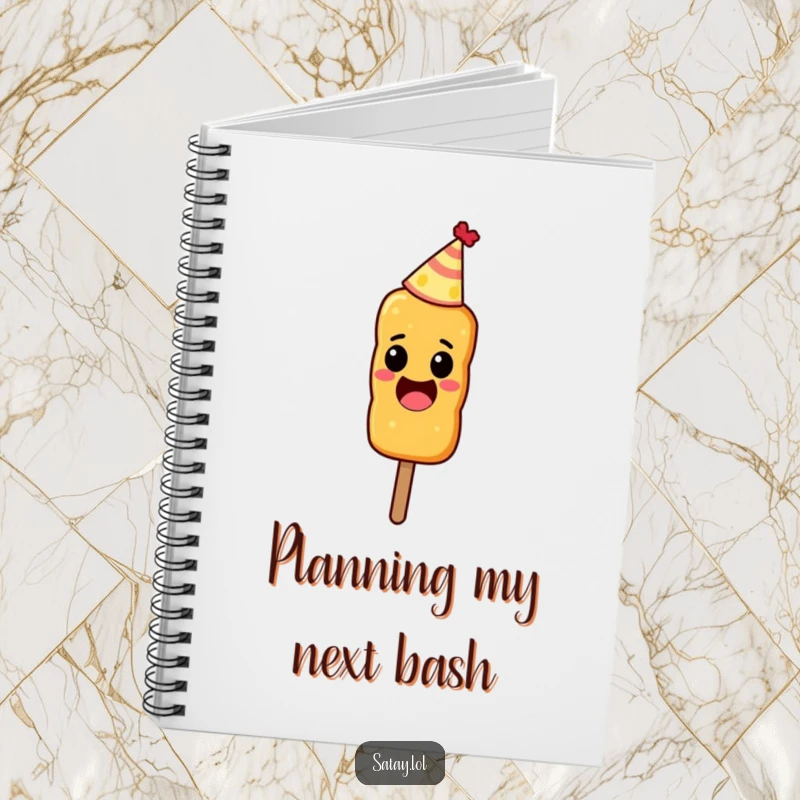 Funny notebook featuring an excited satay skewer wearing a tiny party hat.