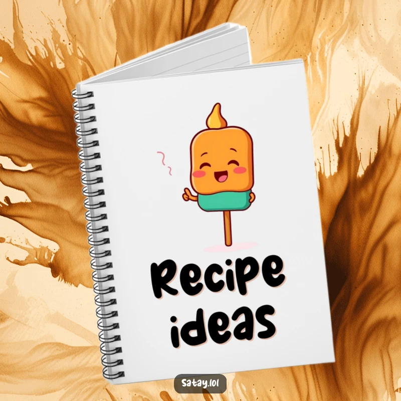 Funny satay notebook with a happy satay skewer character excitedly pointing towards delicious potential recipes.