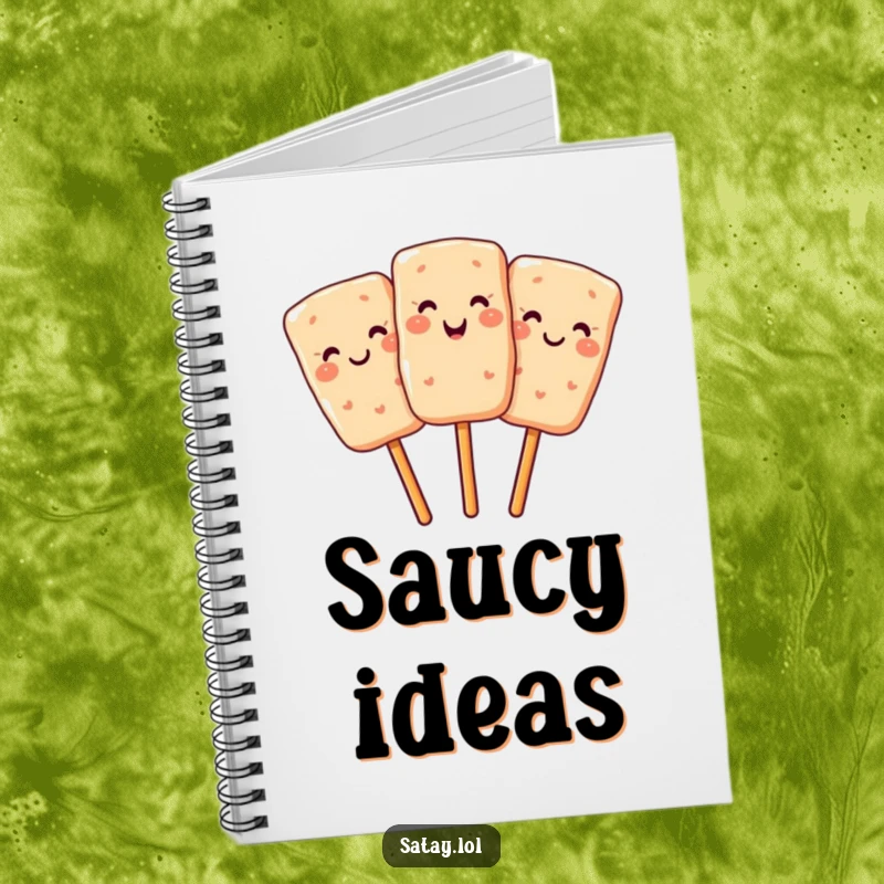 Funny notebook featuring a smiling satay skewer winking, perfect for recipes, notes, and food diaries.