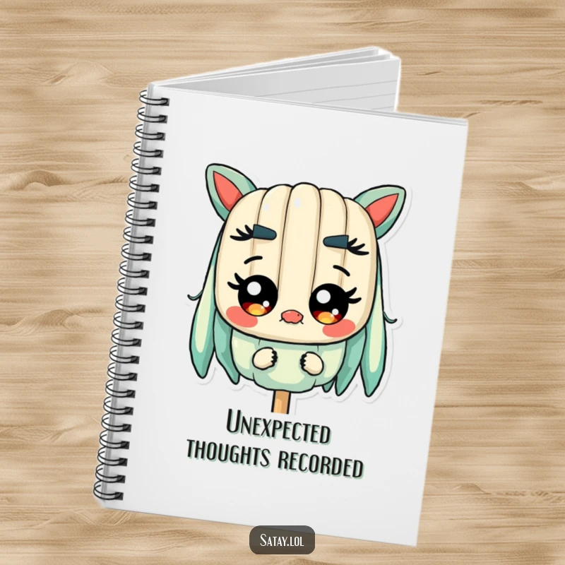 Funny Satay Skewer Notebook featuring a skewer character with wide, shiny eyes, perfect for jotting down surprising thoughts with humor.