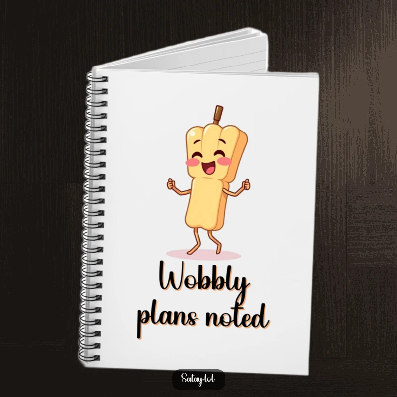 Funny notebook with a satay skewer character doing a silly, wobbly dance; perfect for journaling creative expression.