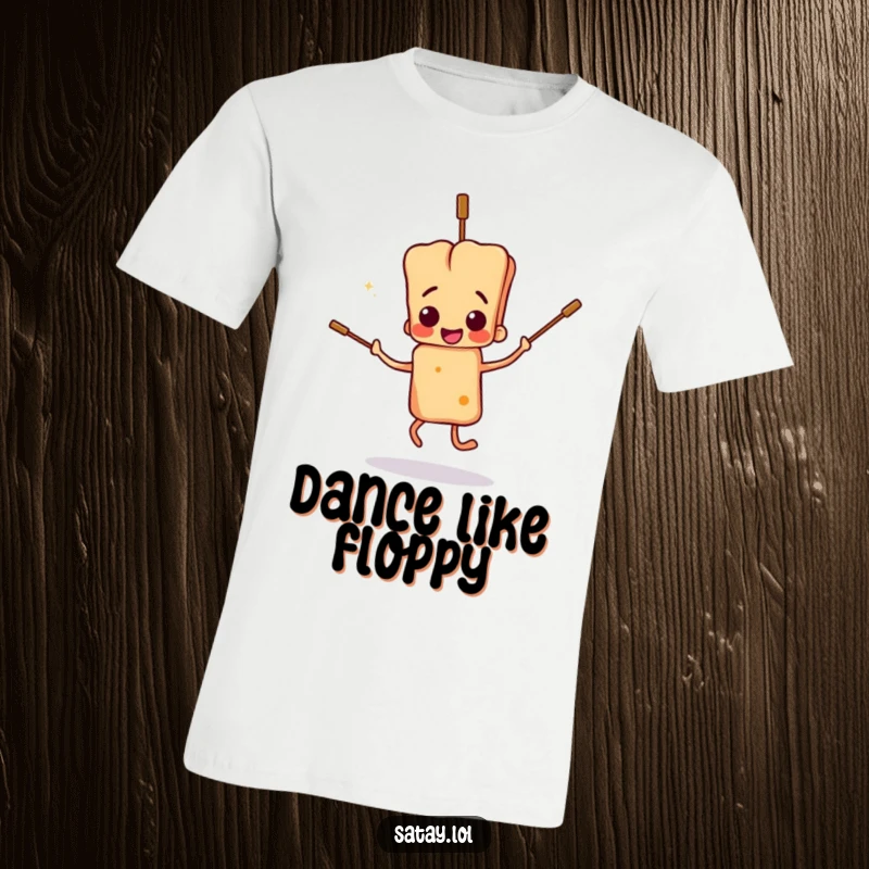 Funny satay skewer character t-shirt, doing a clumsy dance with floppy skewers, ideal for dance lovers and humor enthusiasts.