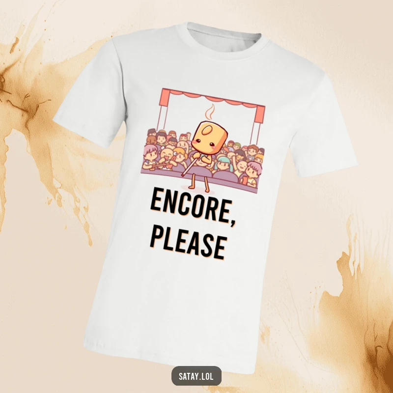 Funny satay skewer performing a dramatic, sweeping bow, conveying gratitude and showmanship on a comfortable t-shirt.