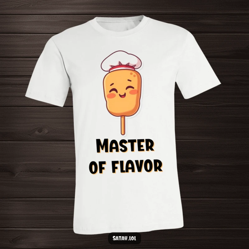 Funny t-shirt featuring a satay skewer character in a chef hat, giving a charming wink.