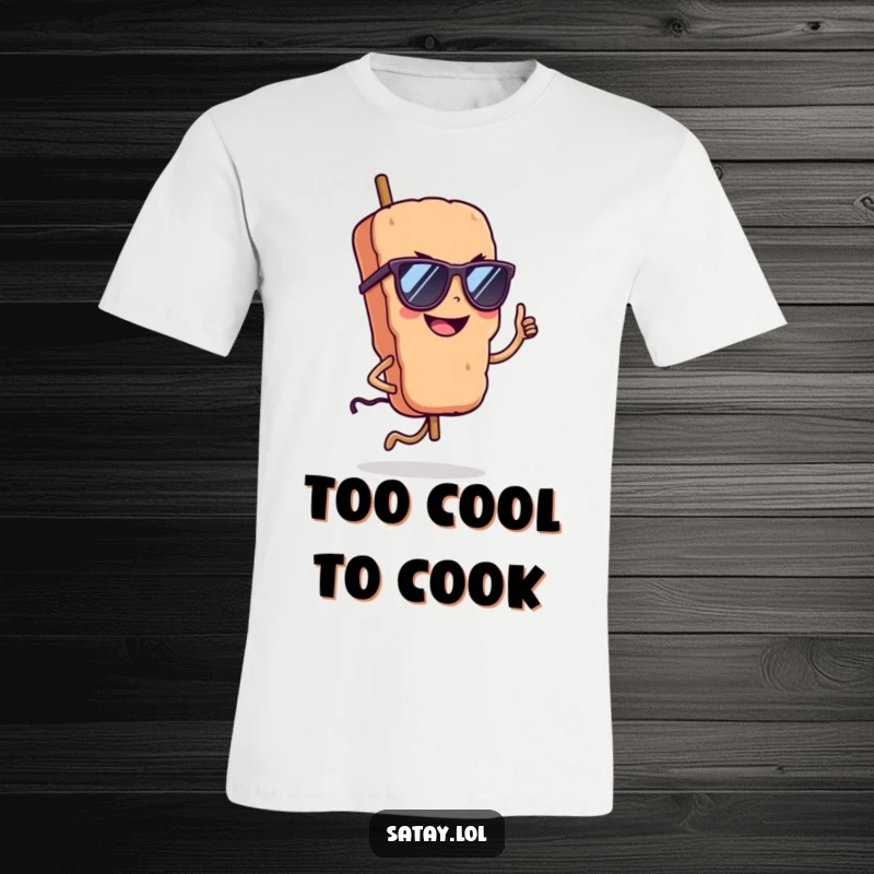 Funny satay skewer wearing sunglasses, confidently hopping with a grin on a t-shirt, showcasing cool attitude.