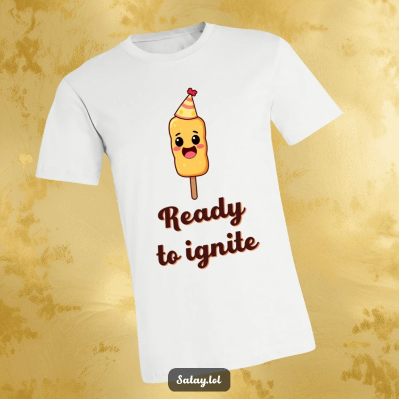 Funny t-shirt depicting an excited satay skewer wearing a tiny party hat.