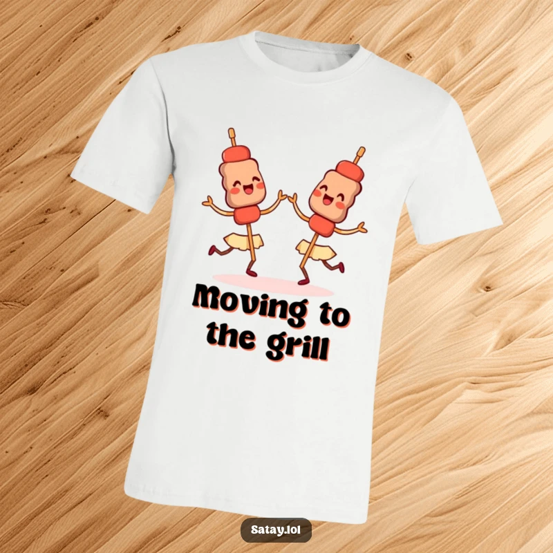 Funny t-shirt with happy satay skewers doing a synchronized dance, celebrating fun and food.
