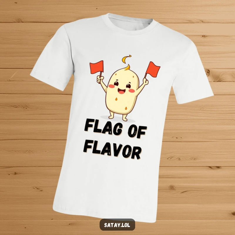 Funny Satay Character T-Shirt: A jubilant satay waves a small grill flag energetically, showcasing pure, humorous excitement.