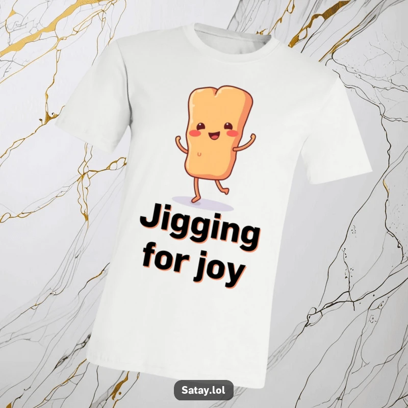 Funny t-shirt with a satay skewer sporting tiny legs in a happy, energetic jig, a celebration of food and fun.