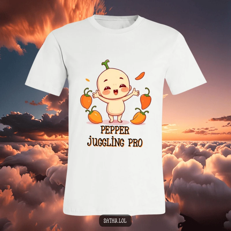 Funny Satay Character T-Shirt: A playful satay juggles three small, round chili peppers erratically, embodying spicy and humorous dexterity.