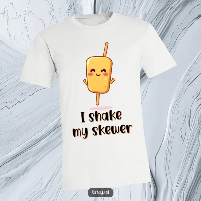 Funny satay skewer t-shirt, a smiling skewer doing a happy little jig, perfect for casual wear and humor.