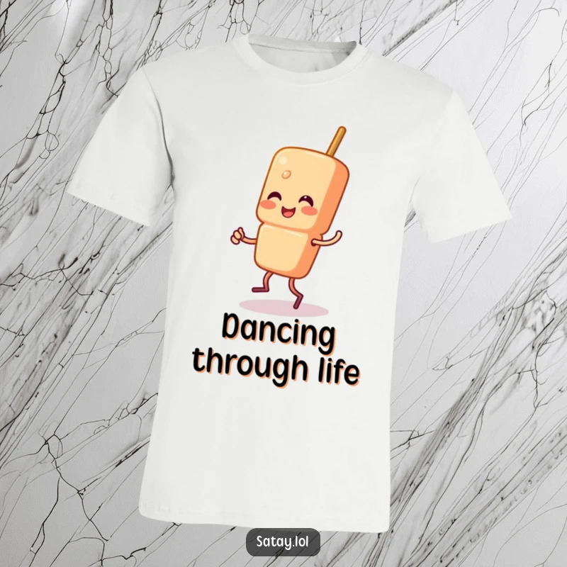 Funny Satay Skewer T-Shirt illustrating a skewer character doing a joyous little jig, radiating happiness and a love for movement.