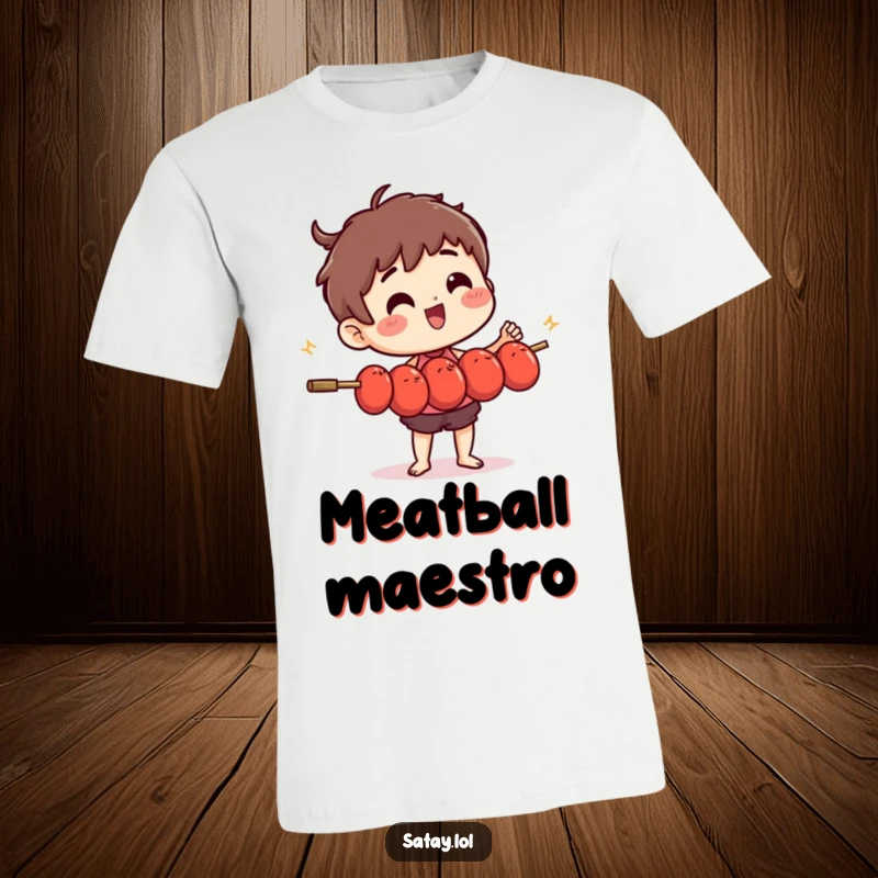 Funny satay skewer character in mid-air, skillfully juggling several small, wiggling meatballs on a t-shirt.