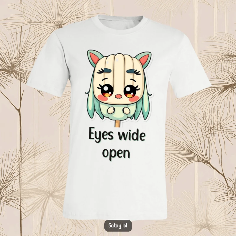 Funny Satay Skewer T-Shirt displaying a skewer character with comically wide, shiny eyes, capturing a moment of pure, hilarious surprise.