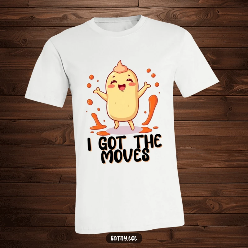 Funny satay t-shirt with a happy satay character doing a little dance with sauce splatters around, embodying pure joy.