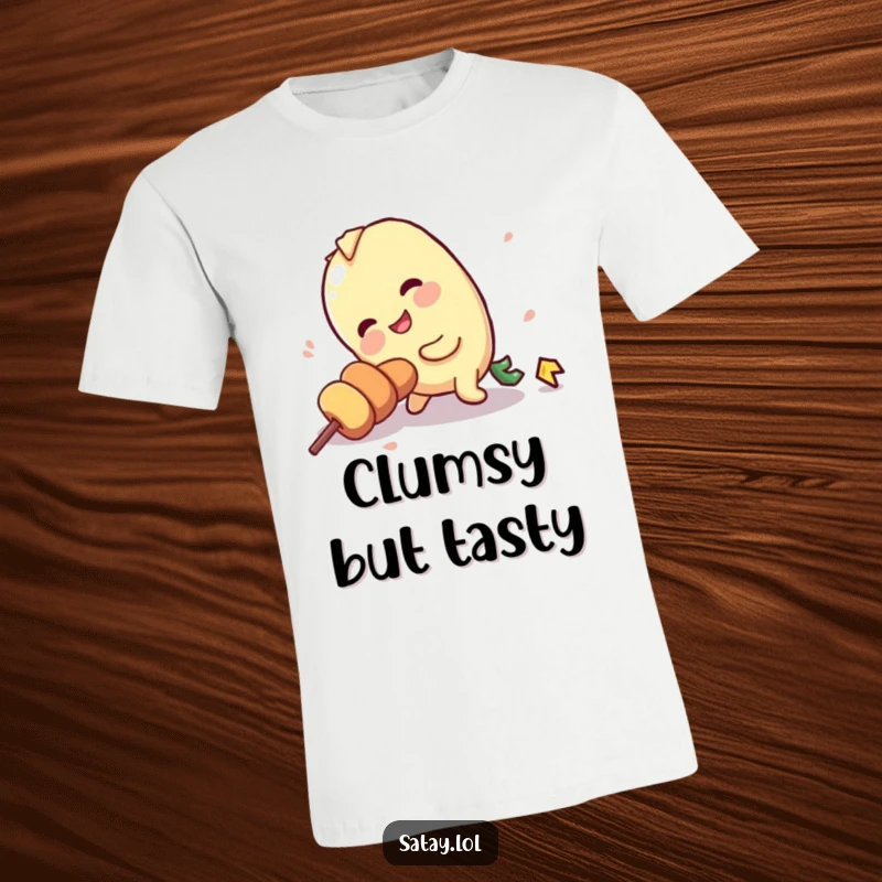 Funny t-shirt featuring a satay skewer character comically tripping over its own stick, showcasing clumsiness.