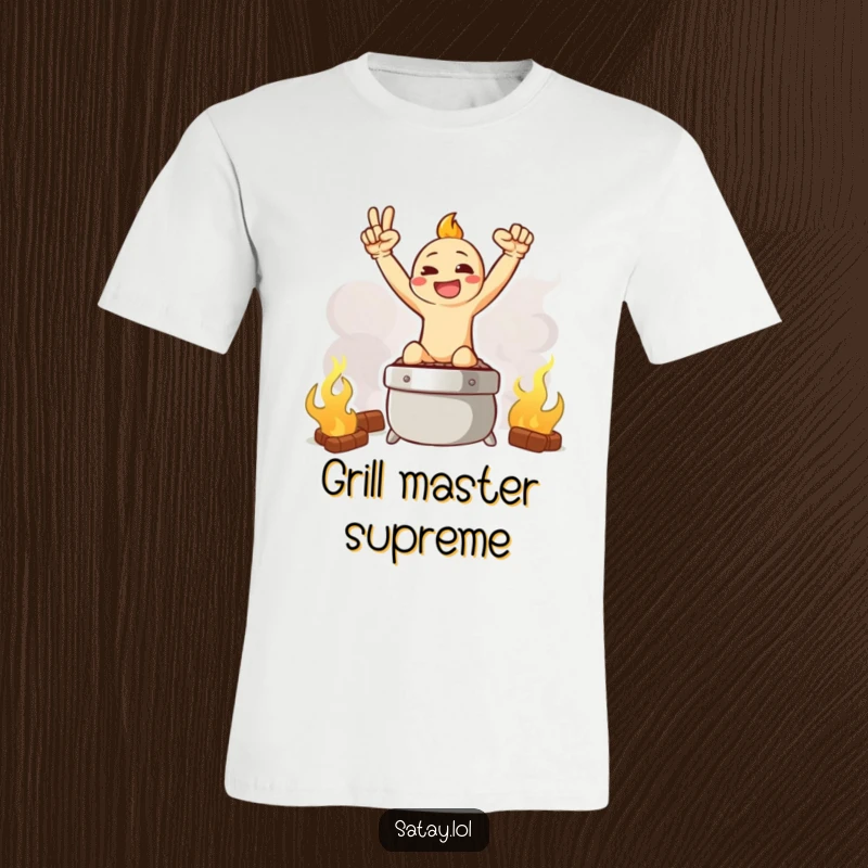 Funny t-shirt featuring a satay character striking a bold, triumphant pose on a smoky grill graphic.