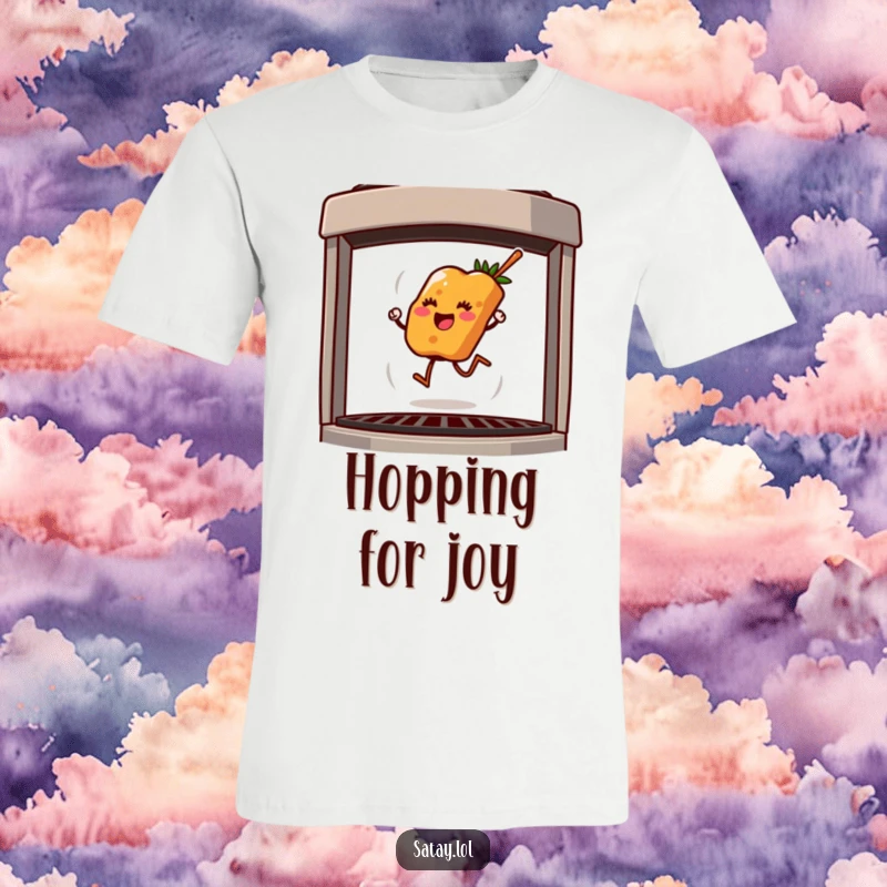 Funny T-shirt featuring a joyful satay skewer energetically hopping across a grill, embodying the fun of outdoor cooking.