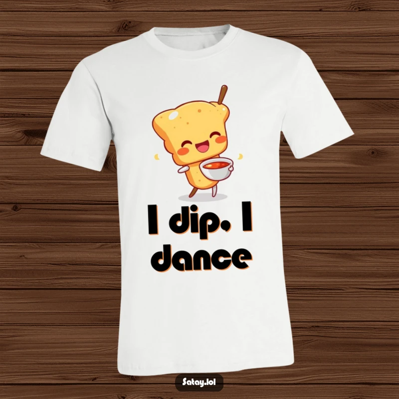 Funny t-shirt featuring a happy satay skewer character wiggling with a sauce bowl, radiating pure food-induced joy.