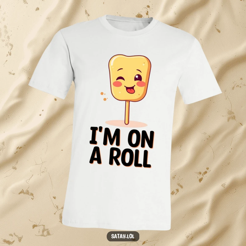 Funny satay skewer t-shirt featuring a silly face and tongue sticking out while spinning, ideal for casual wear.