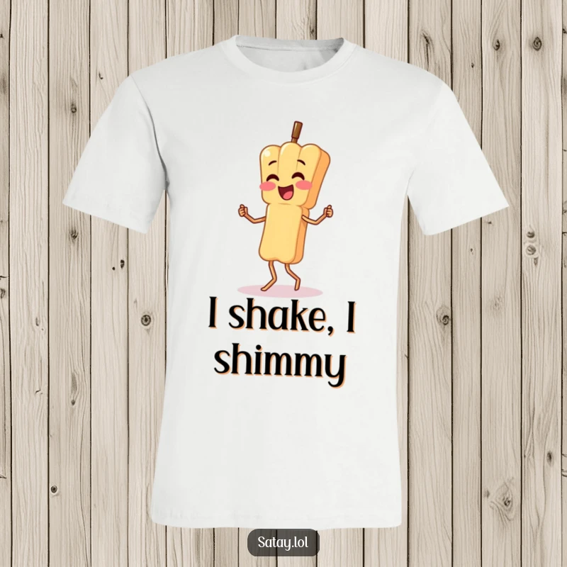 Funny t-shirt featuring a satay skewer character performing a silly, wobbly dance; vibrant and humorous apparel.