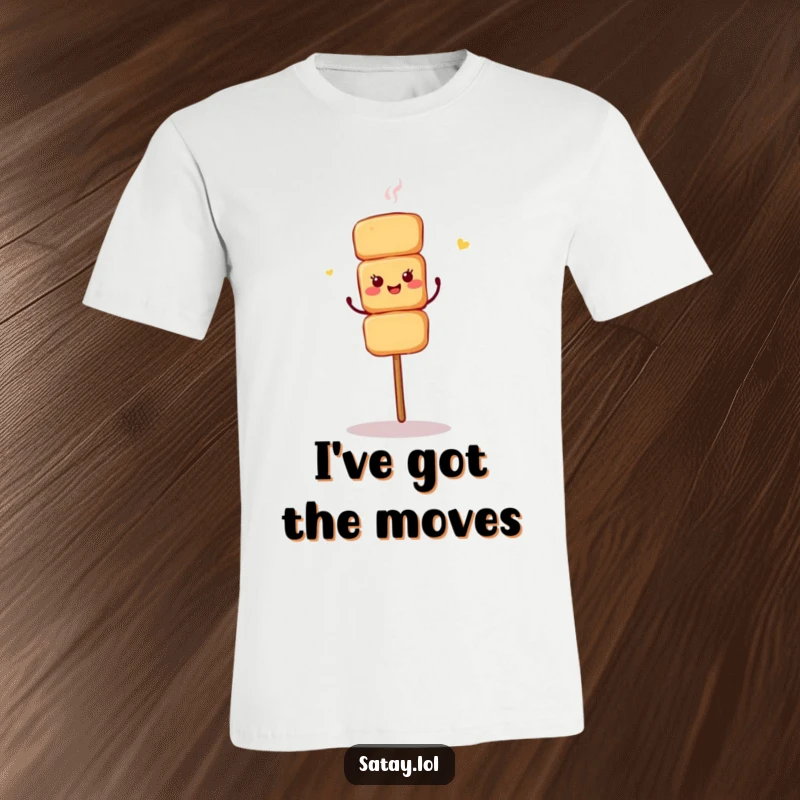 Funny t-shirt showcasing a satay skewer doing an enthusiastic shimmy dance.