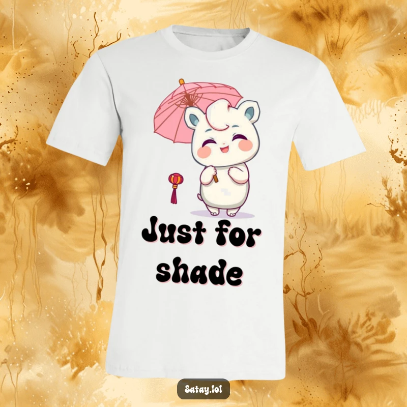 Funny Satay Character T-Shirt: A delighted satay winks with a mischievous grin, holding a tiny umbrella, embodying playful humor.