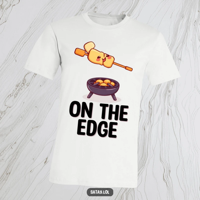 Funny satay skewer grill t-shirt, a smiling skewer balancing bravely on a tiny grill, perfect for daring foodies.