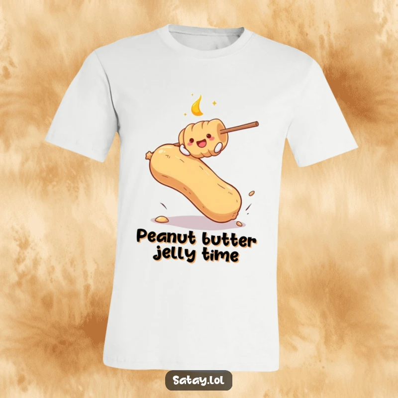 Funny t-shirt with a satay skewer energetically bouncing on a giant peanut, a whimsical and comical food-themed graphic.