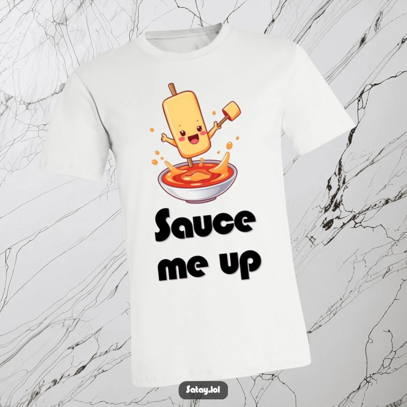 Funny satay skewer character t-shirt, jumping into bubbling sauce, ideal for food lovers who embrace culinary adventures.