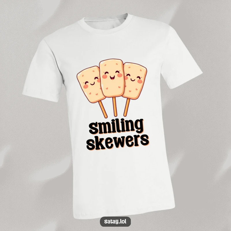 Funny t-shirt with a smiling satay skewer winking, perfect for food lovers with a sense of humor.