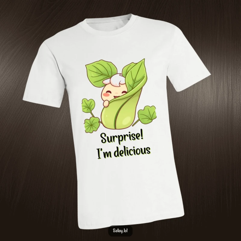Funny t-shirt depicting a satay character playfully peeking out from behind a garnish with a broad, inviting grin.