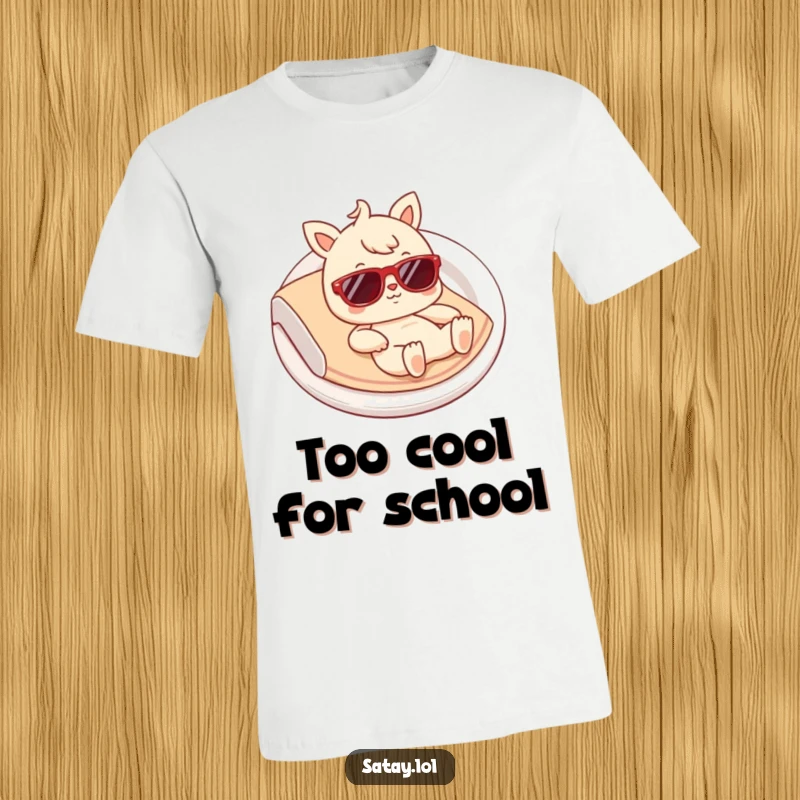 Funny Satay T-Shirt: A cool satay character wearing tiny sunglasses lounges on a plate, showcasing hilarious, relaxed vibes.