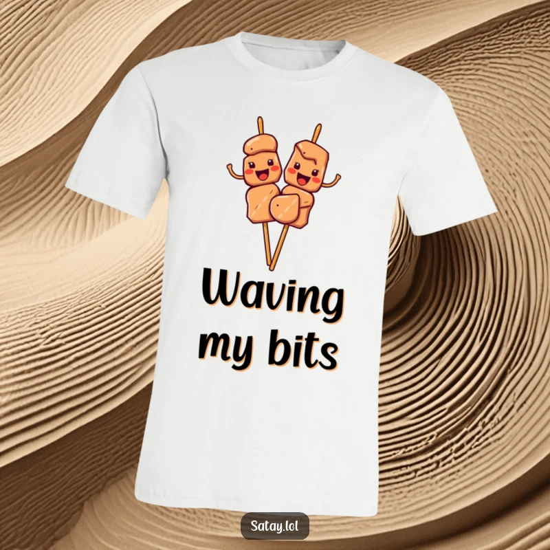 Funny Satay Skewers T-Shirt showing characters cheerfully waving with their meat pieces, perfect for casual, friendly occasions.