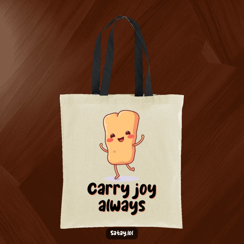 Funny tote bag with a satay skewer on tiny legs doing a happy jig, ideal for shoppers who appreciate fun food-themed accessories.