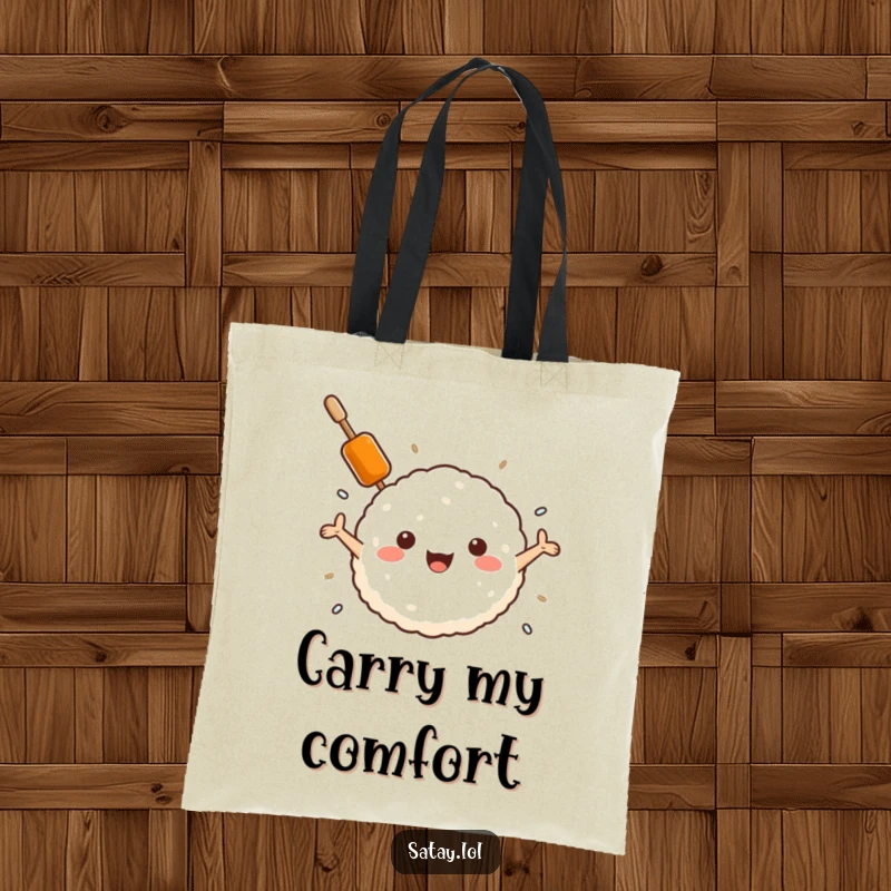 Funny satay skewer and rice ball tote bag, a skewer embracing a rice ball, great for groceries and lovers of comfort food.