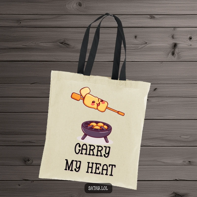 Funny satay skewer grill tote bag, a smiling skewer balancing on a tiny grill, showcasing bravery and humor for everyday use.