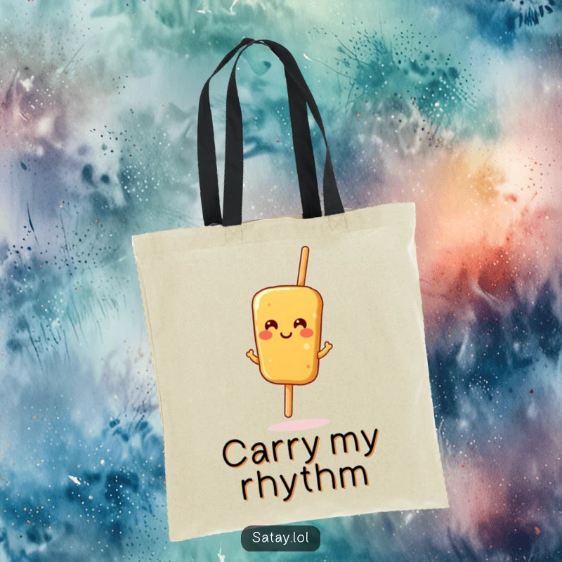 Funny satay skewer tote bag, a smiling skewer doing a happy jig, great for groceries and everyday humor.