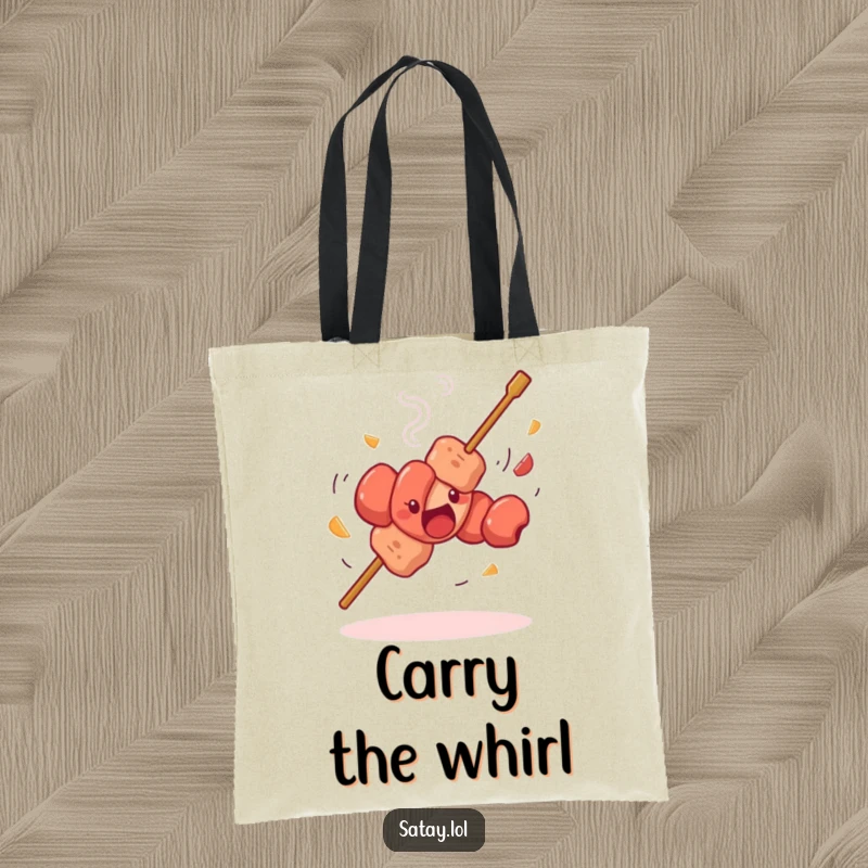 Funny satay skewer dancing tote bag, a skewer spinning with whirling meat pieces, a humorous and practical carry-all.