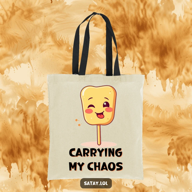 Funny satay skewer tote bag with a silly face and tongue sticking out while spinning, a humorous and practical accessory.