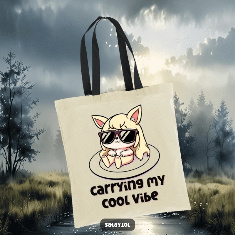 Funny Tote Bag featuring a satay character with sunglasses lounging on a plate, designed for carrying essentials with a dose of humor.