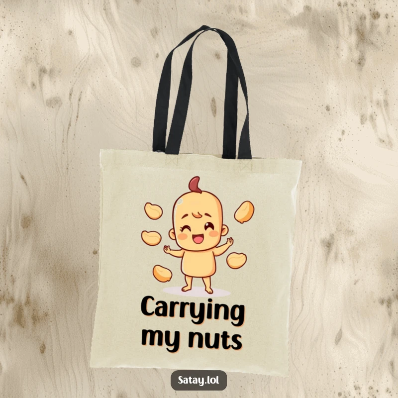 Funny happy satay skewer tote bag, character juggling peanut shells, practical and stylish for everyday use.