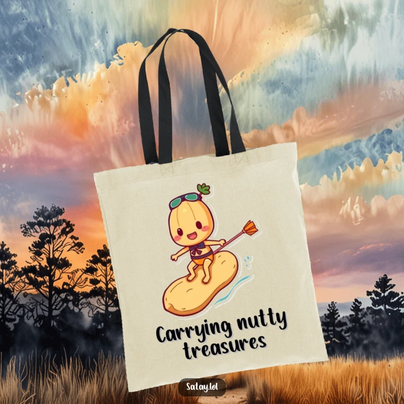Funny Satay Skewer Tote Bag showing a skewer character surfing a peanut, embodying a spirit of fun and daring escapades.