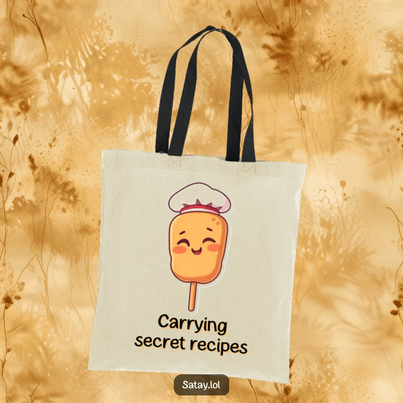 Funny tote bag featuring a satay skewer character in a chef hat, giving a confident wink.