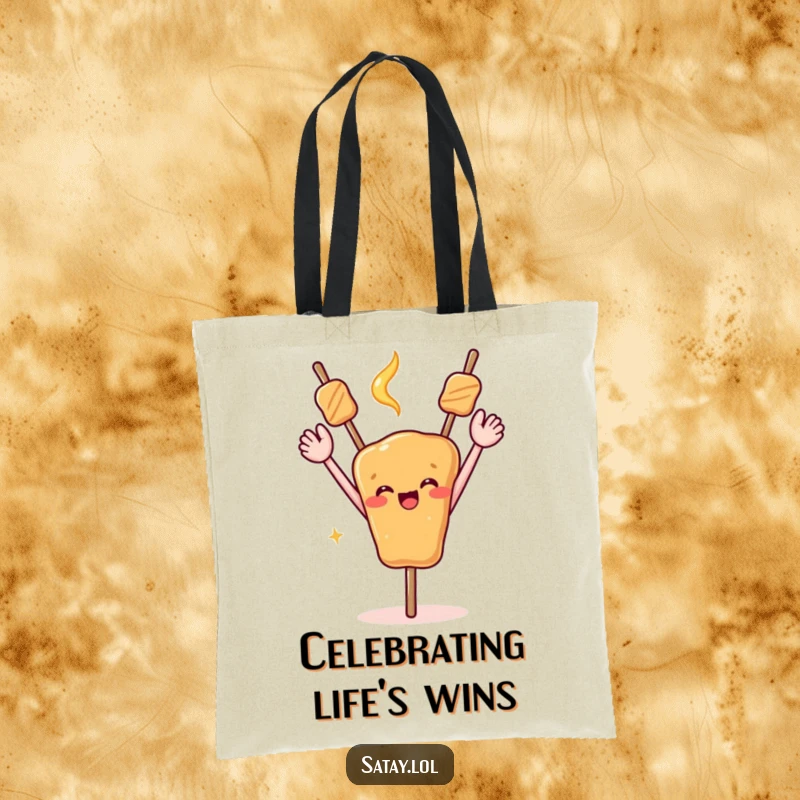 Funny tote bag showcasing a satay skewer with its arms triumphantly in the air, celebrating.