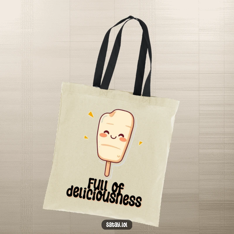 Funny, cheerful tote bag showcasing a wiggling satay skewer with a huge, happy smile.