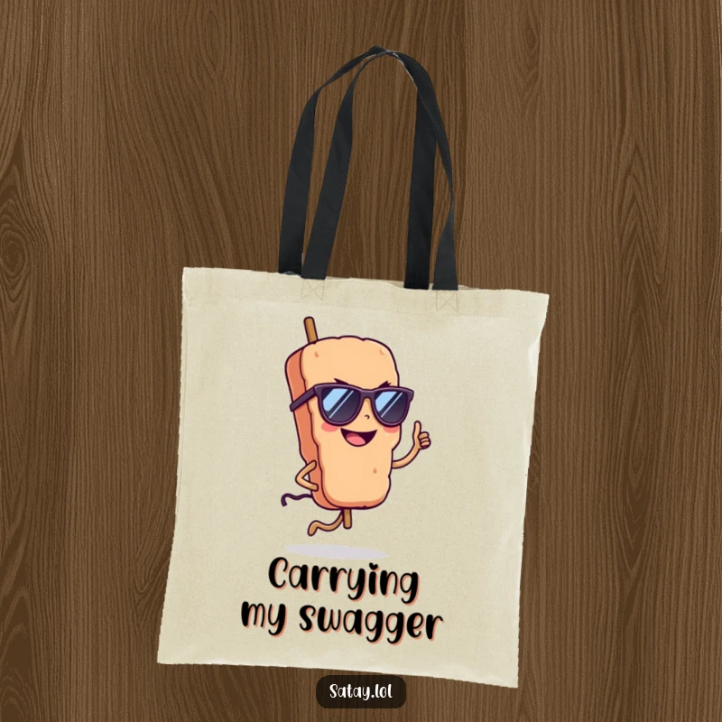 Funny cool satay skewer on a durable tote bag, wearing sunglasses and grinning, perfect for carrying essentials with flair.