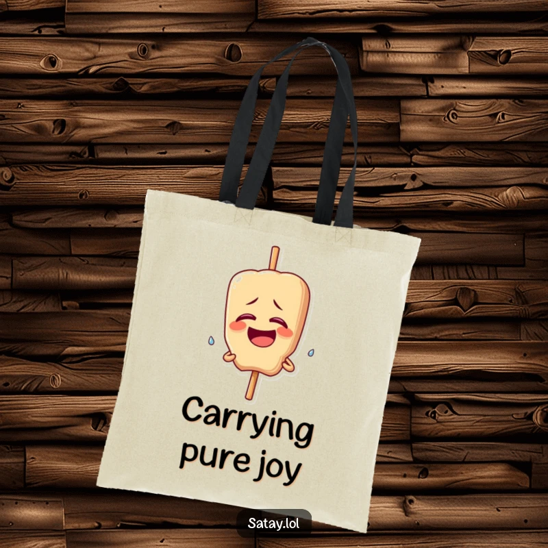 Funny tote bag with a satay skewer character giggling uncontrollably, a single happy tear visible; carries humor and essentials.