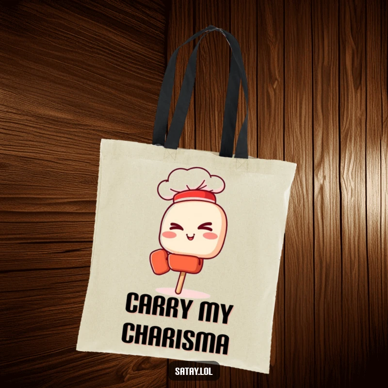 Funny tote bag showcasing a charming satay skewer wearing a chef hat and delivering a confident wink.